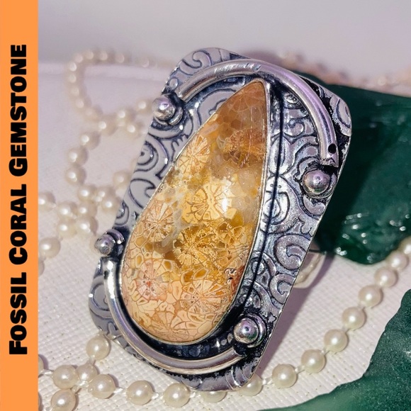 Fossil Coral Gemstone Handmade Halo Ring - Picture 4 of 7